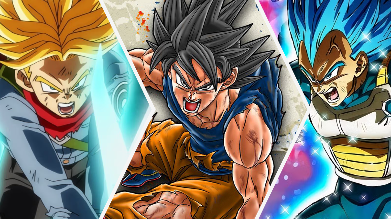 Super Saiyan Rage Future Trunks, True Ultra Instinct Goku, and Super Saiyan Blue Evolution Vegeta in Dragon Ball Super