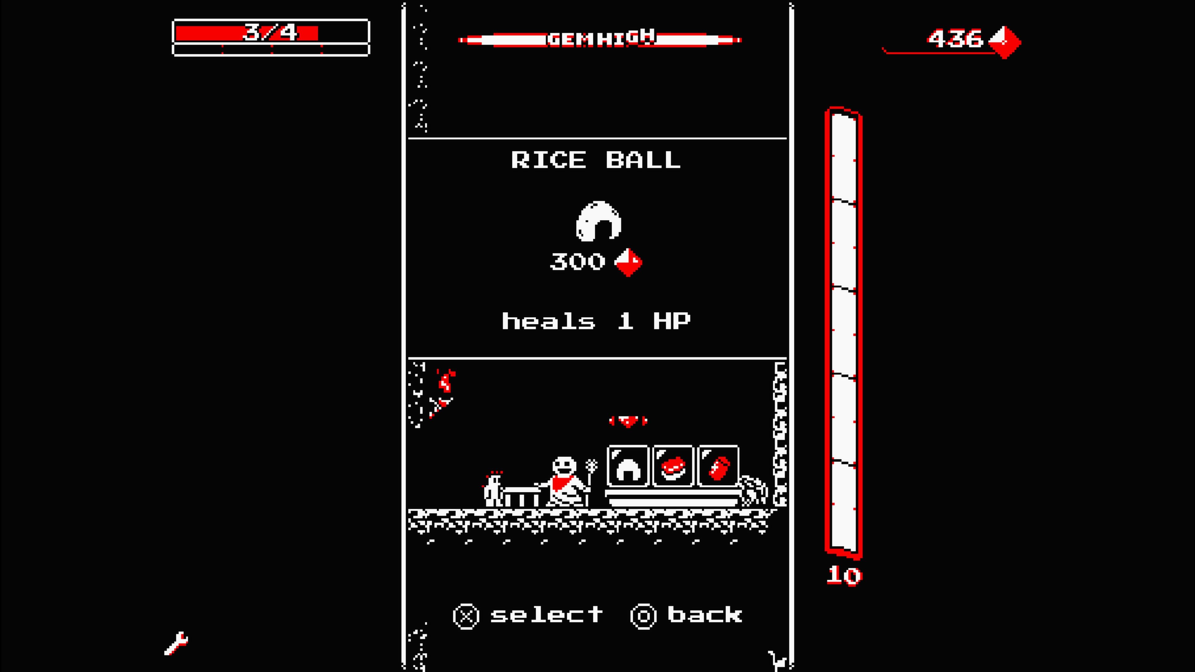 Talking to a shopkeeper in Downwell (2015)