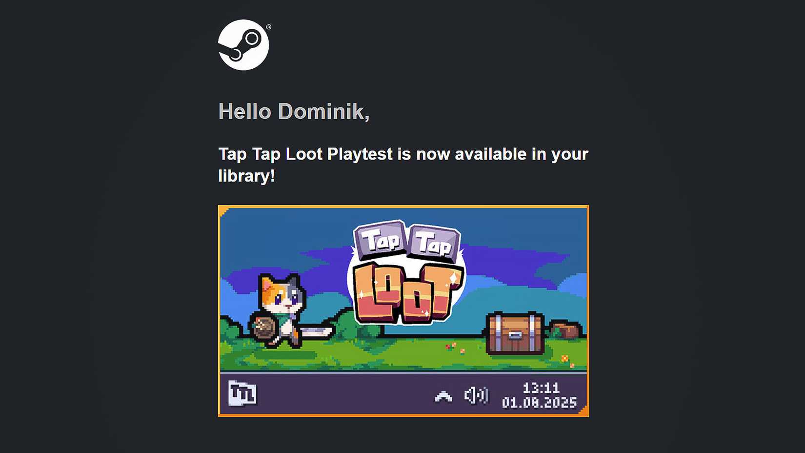 Tap Tap Loot Playtest message email to Dominik Bošnjak
