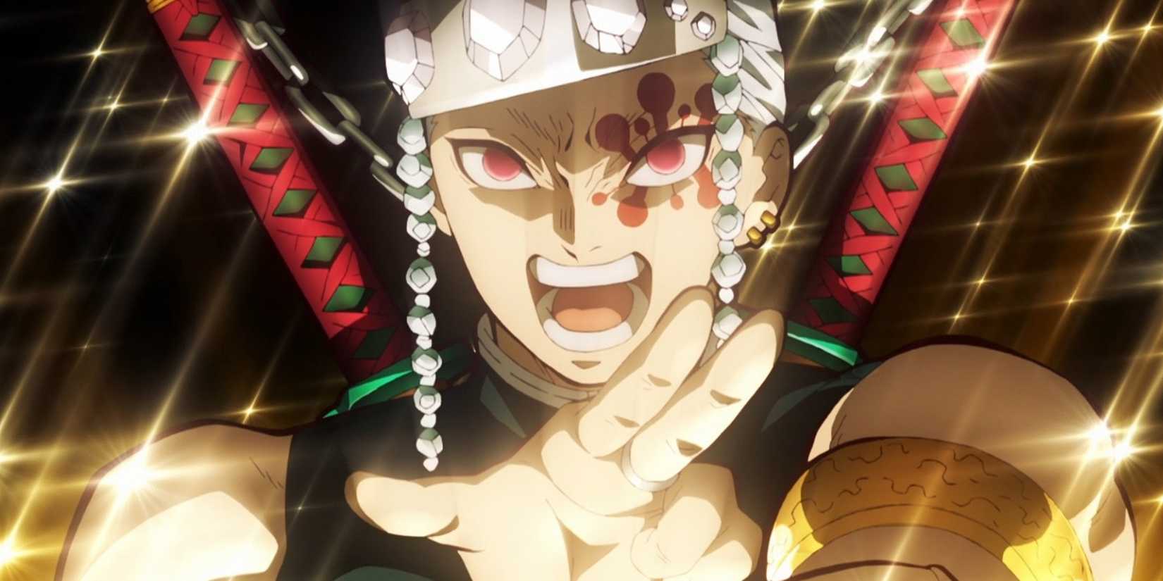 Tengen Uzui berbicara dengan kilauan di sekitarnya.