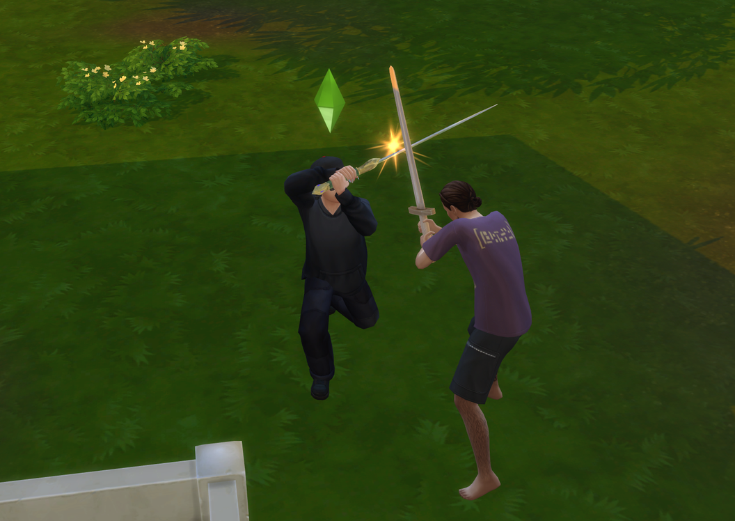 Sims sedang berduel dengan Swordsmanship Skill di The Sims 4