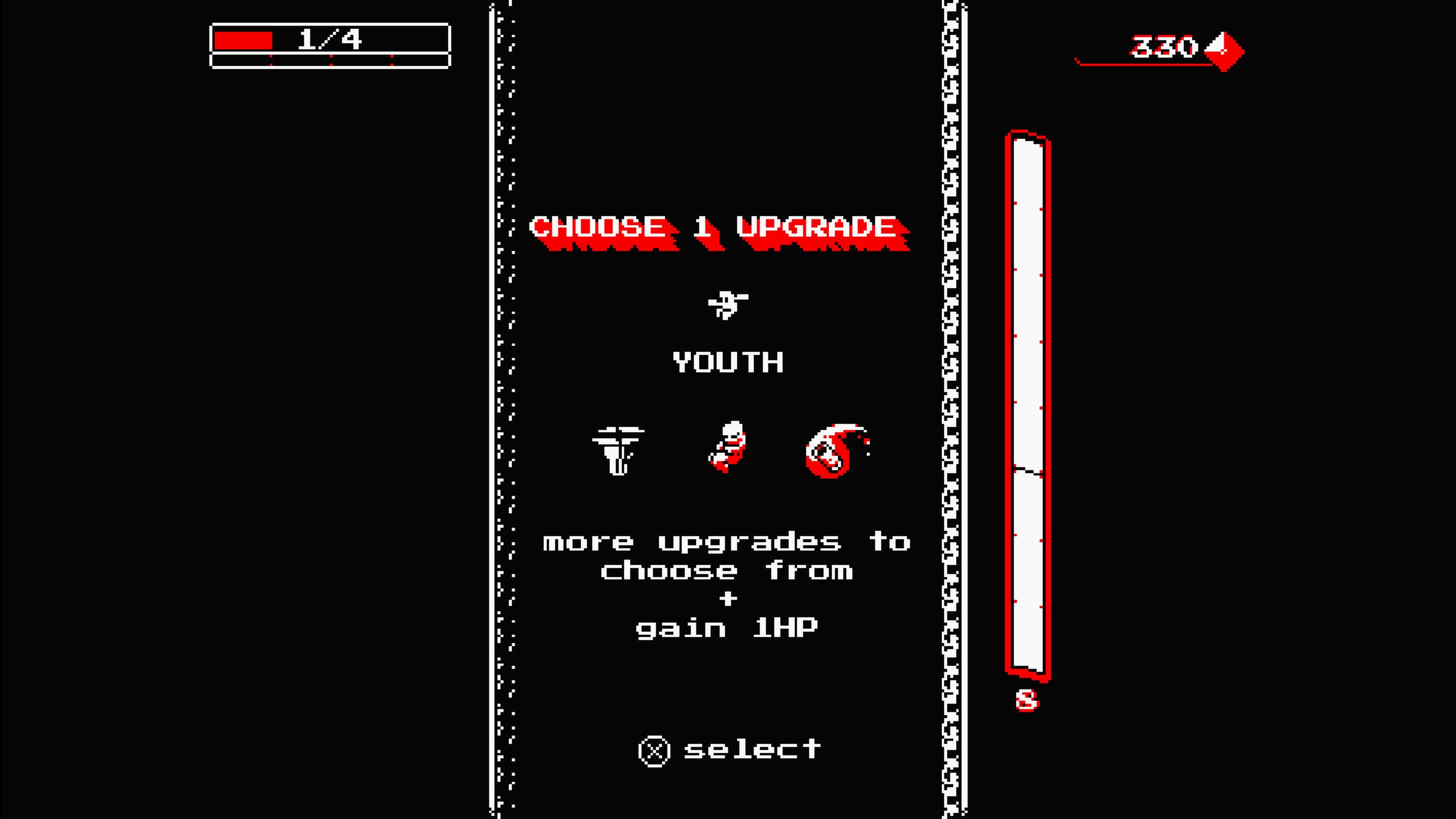 The upgrade menu in Downwell (2015)