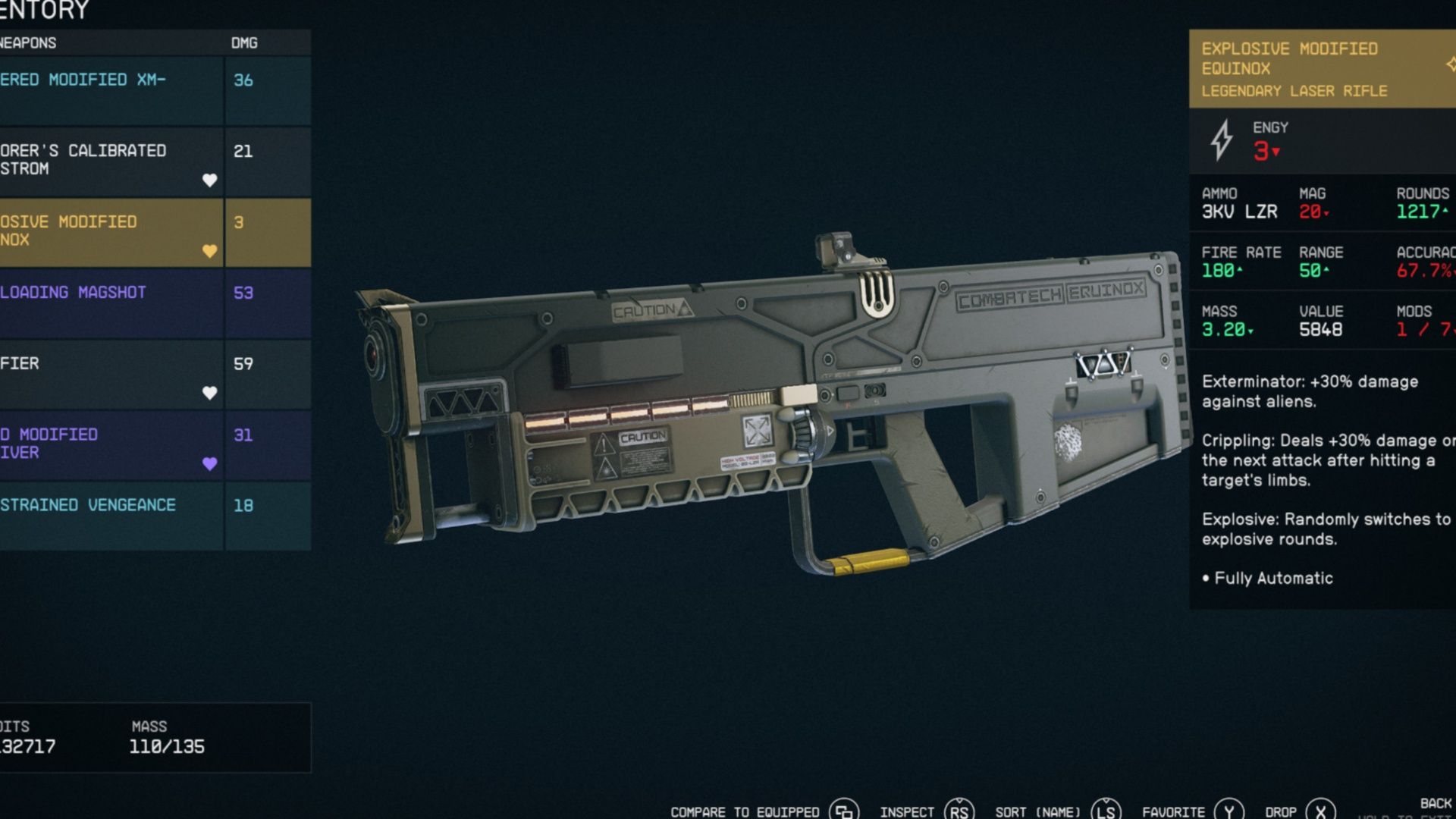 The weapon menu in Starfield (2023)