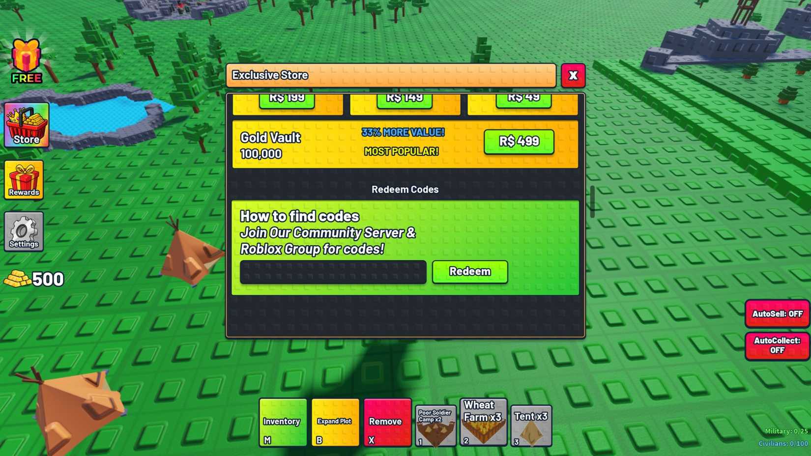 Tiny Empires the codes tab