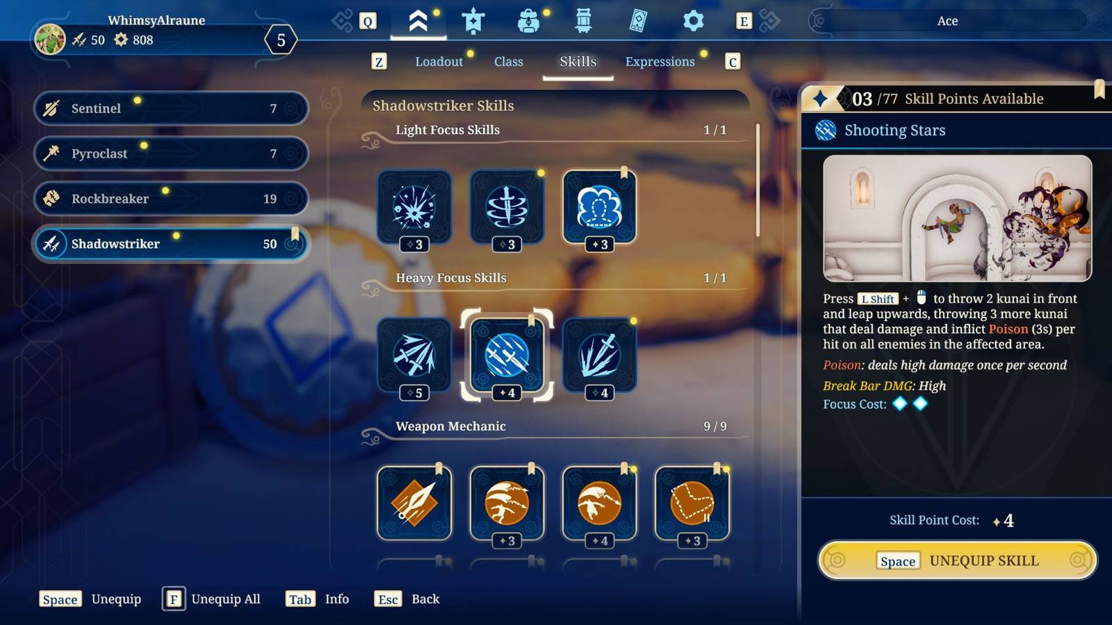 A screenshot of a Shadowstriker's Skill Points in Towerborne