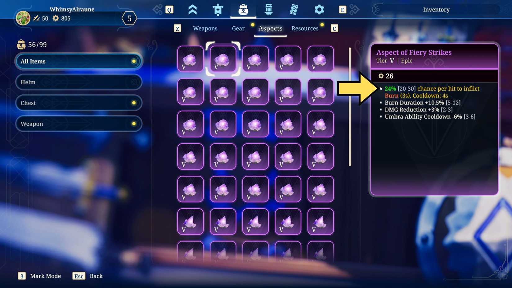 Tittar på en aspekts förmåga och statistik i Towerborne