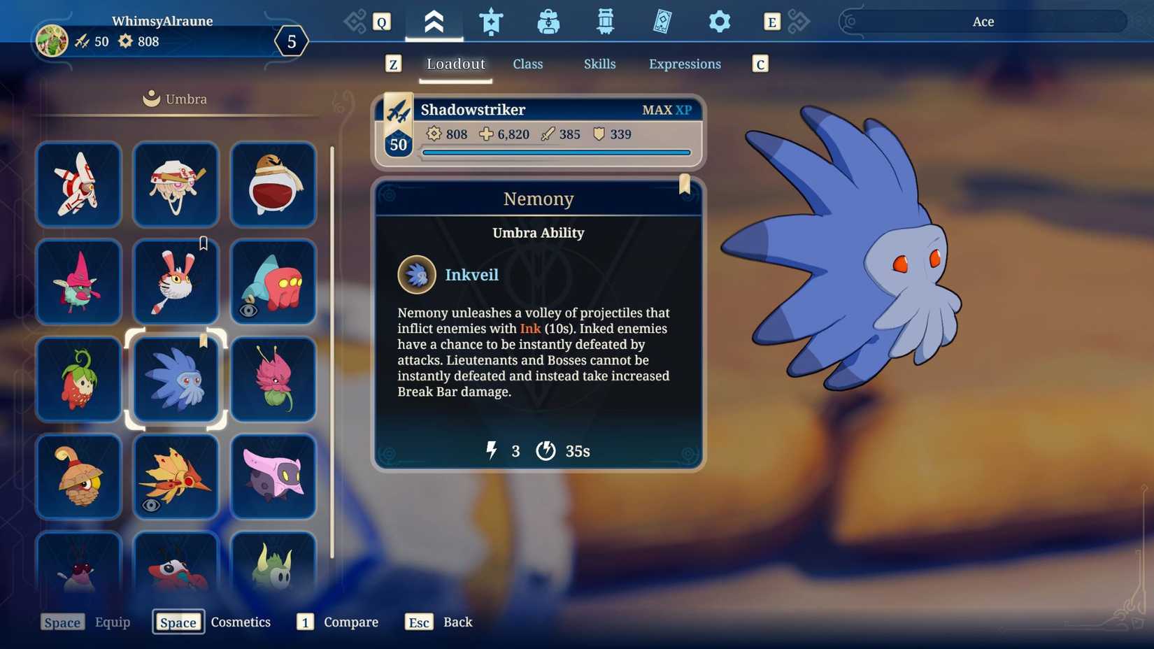 En spelare som utrustar Umbra, Nemony, som en Shadowstriker i Towerborne