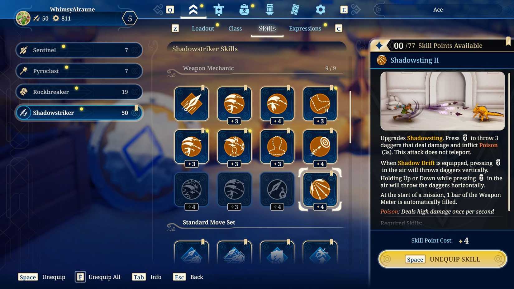 En spelares valda vapenmekaniska färdigheter för en Shadowstriker i Towerborne