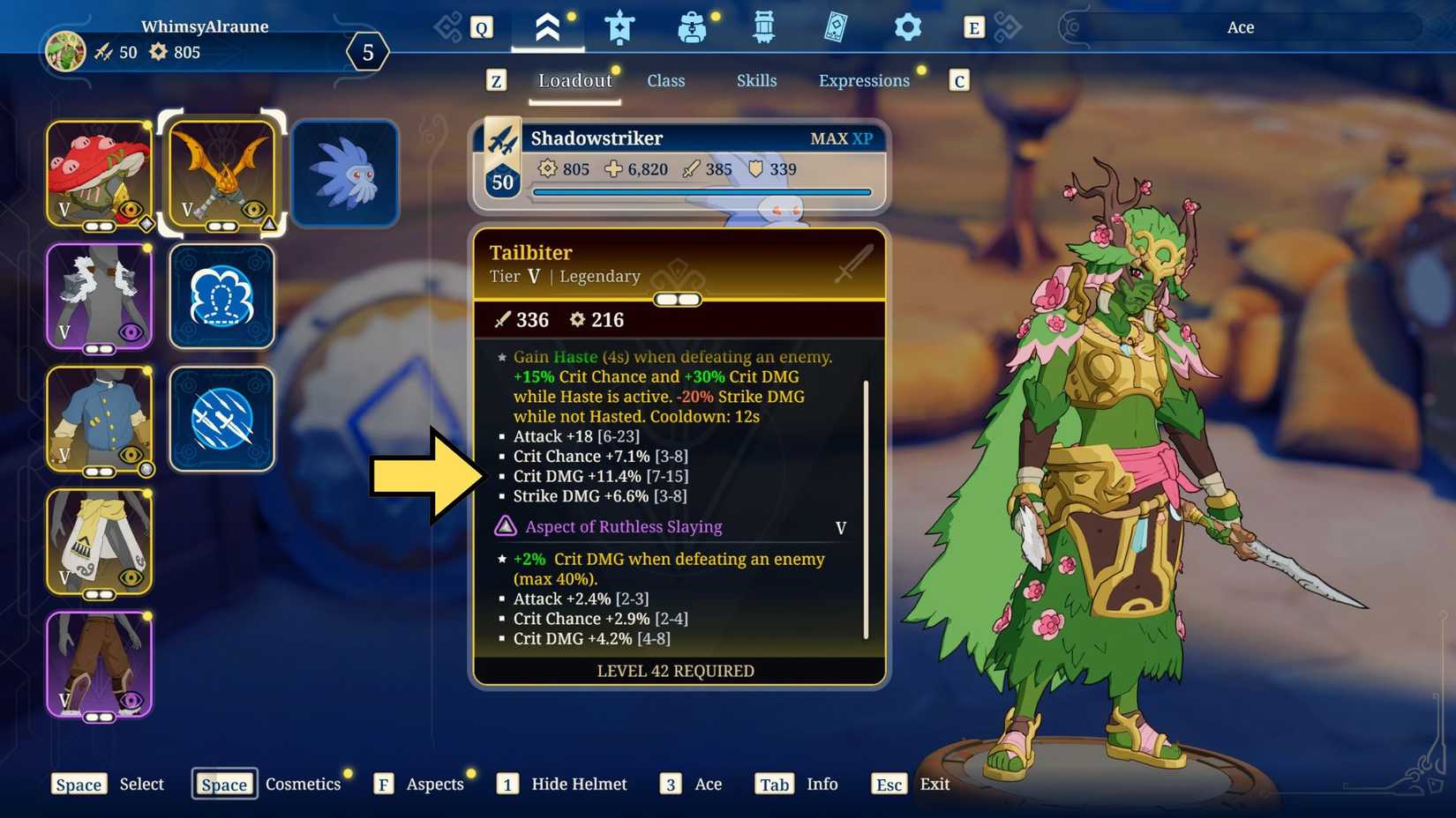 Understatistiken för en Shadowstrikers utrustning i Towerborne