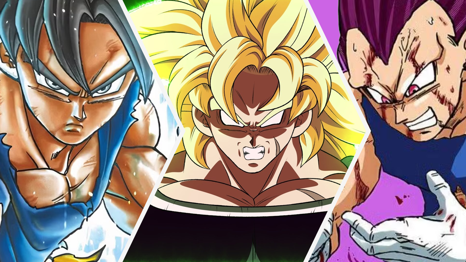Ultra Instinct Goku, Super Saiyan Broly, and Ultra Ego Vegeta in Dragon Ball Super