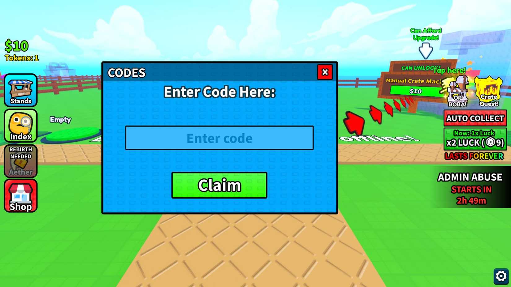 Unbox a Boba Stand - the codes tab