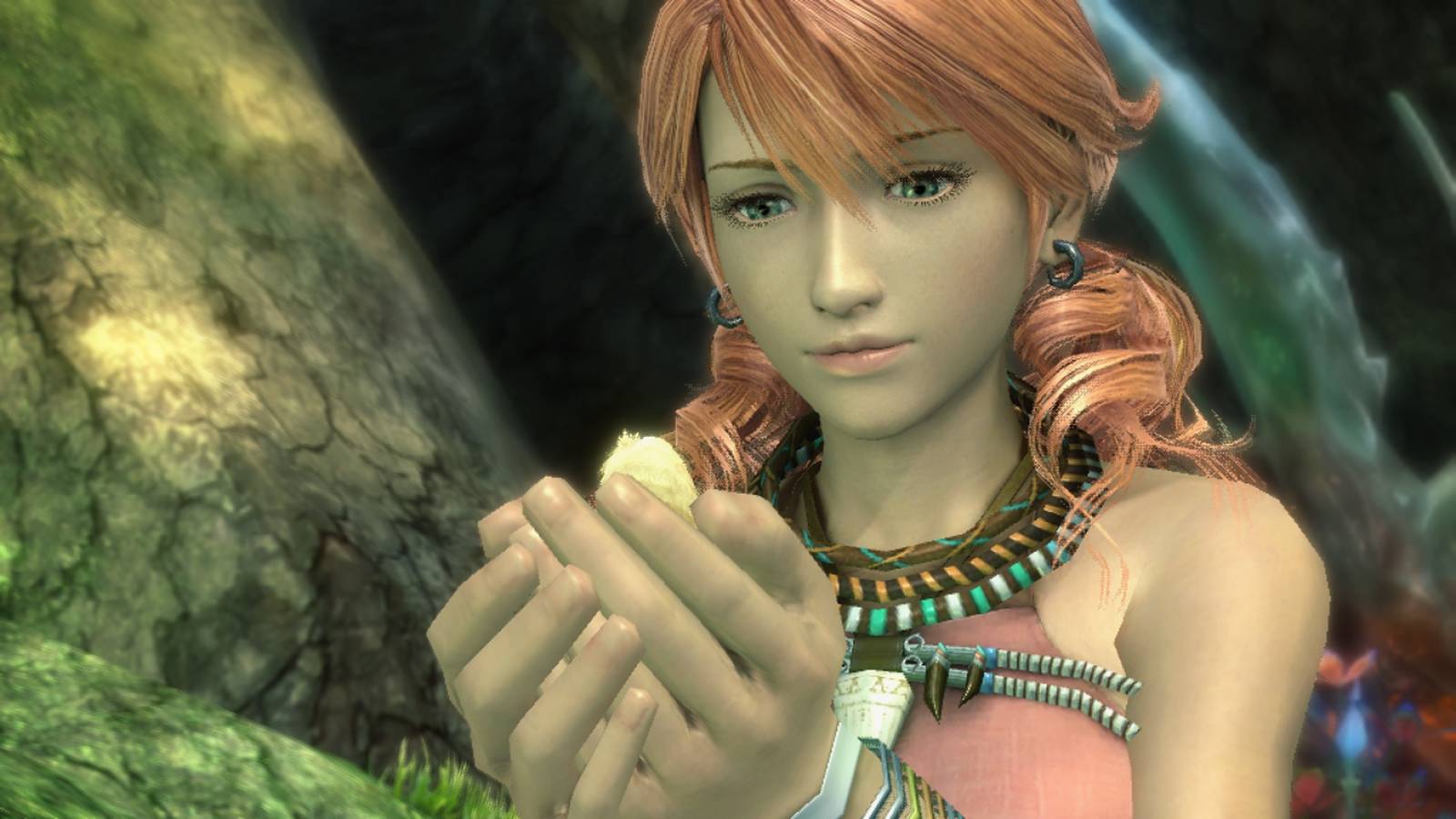Vanille holding a chocobo chick in Final Fantasy 13 (2010)