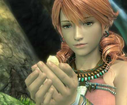 Vanille holding a chocobo chick in Final Fantasy 13 (2010)