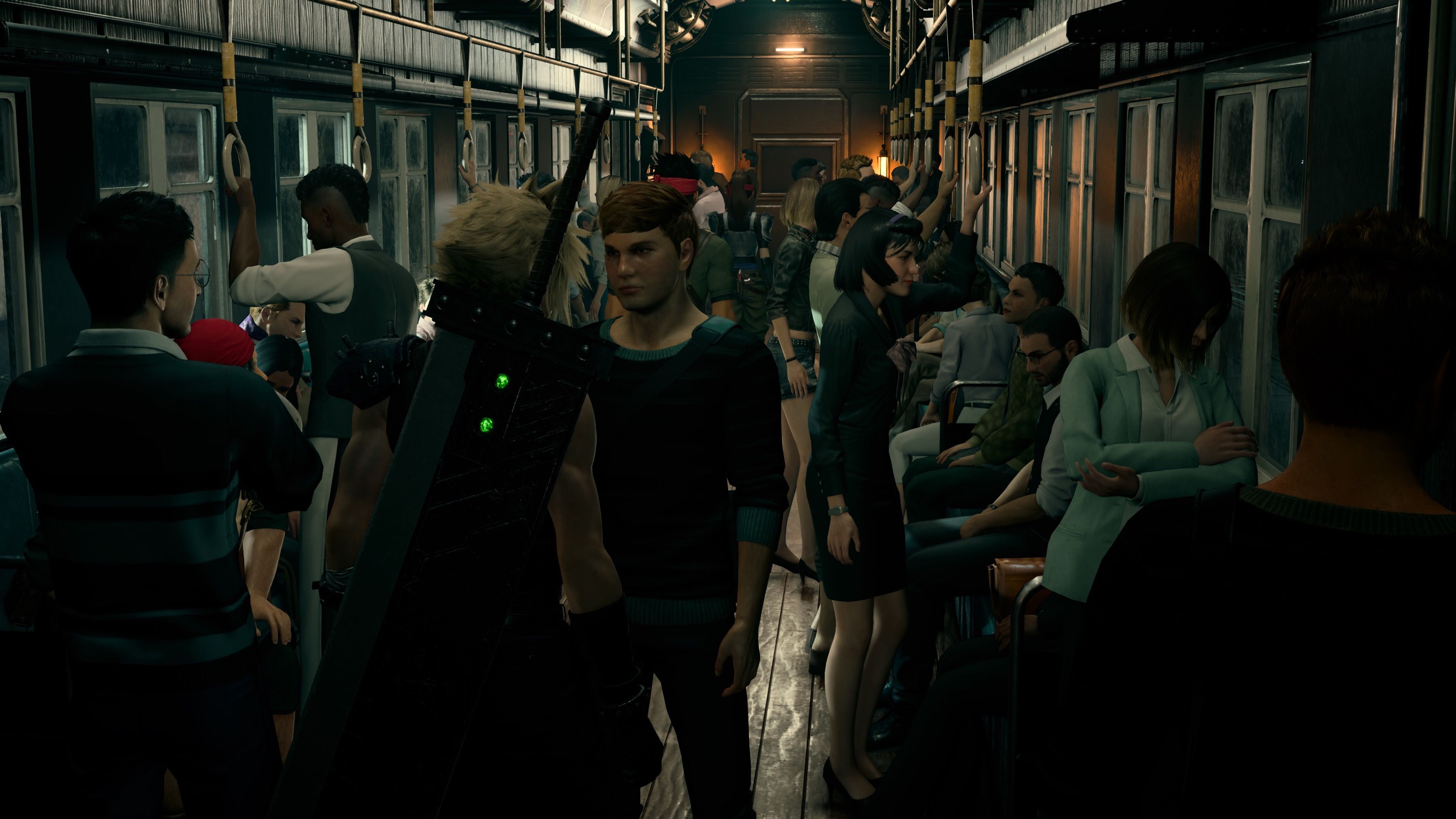 Walking through a crowded train in Final Fantasy 7 Remake (2020)