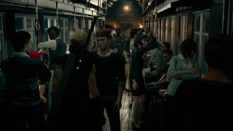 Walking through a crowded train in Final Fantasy 7 Remake (2020)