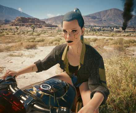 Your character on a bike in Cyberpunk 2077 (2020)