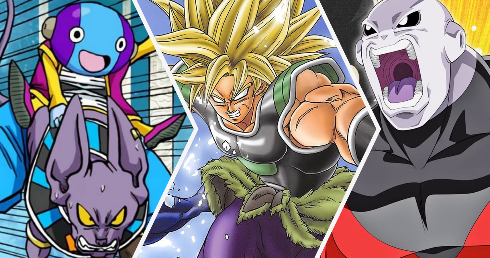 Zeno riding Beerus, Super Saiyan Broly in the Dragon Ball Super manga, and Jiren screaming in the Dragon Ball Super anime
