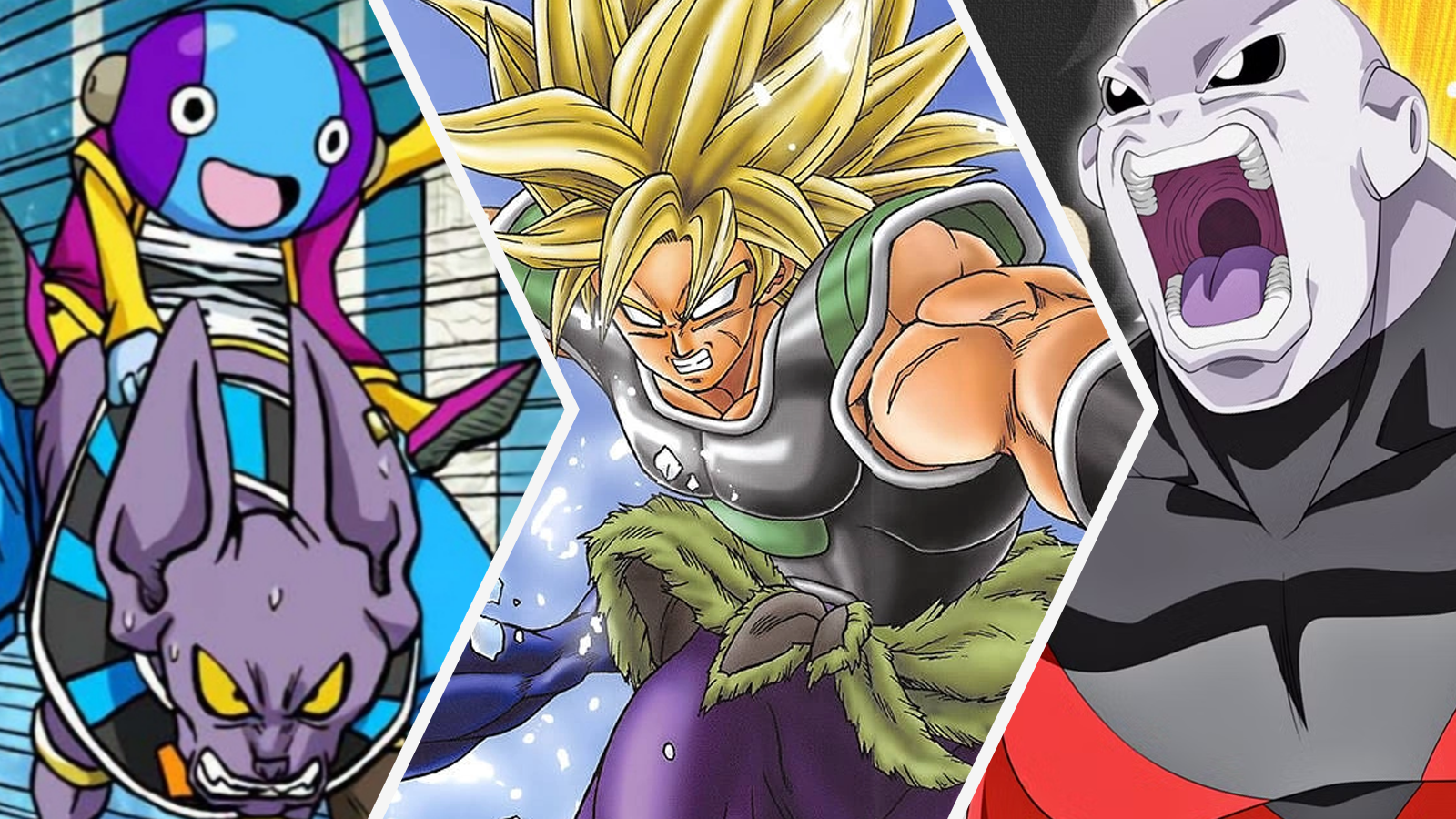 Zeno riding Beerus, Super Saiyan Broly in the Dragon Ball Super manga, and Jiren screaming in the Dragon Ball Super anime