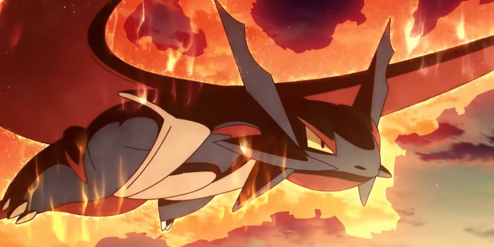 Zinna's Mega Salamence in battle with a fiery aura surrounding it.