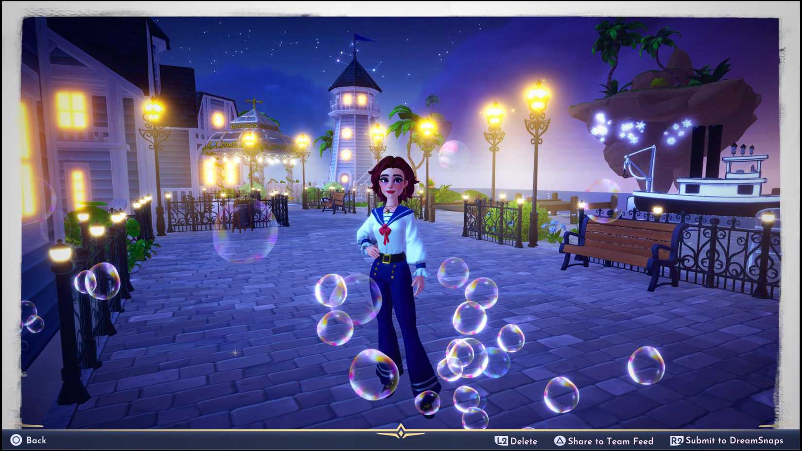 ddv character in pier posing for a dreamsnap with a sailor's outfit and bubbles