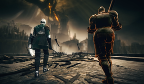 Characters playing as the Heavy Knight and Knight of Ides in Elden Ring Tarnished Edition