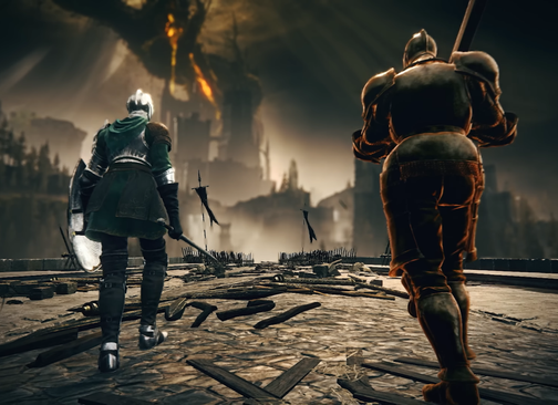 Characters playing as the Heavy Knight and Knight of Ides in Elden Ring Tarnished Edition
