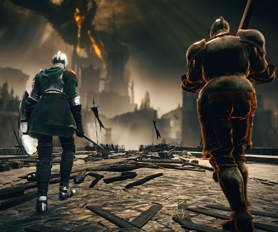 Characters playing as the Heavy Knight and Knight of Ides in Elden Ring Tarnished Edition