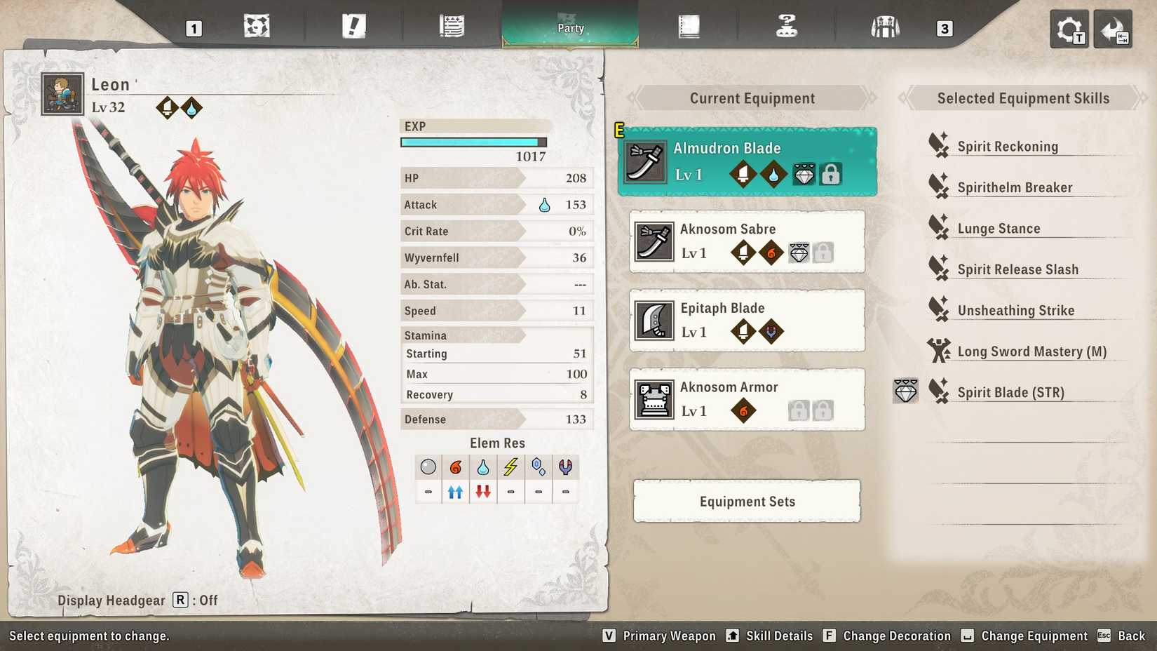 MH Stories 3 Equipment Screen