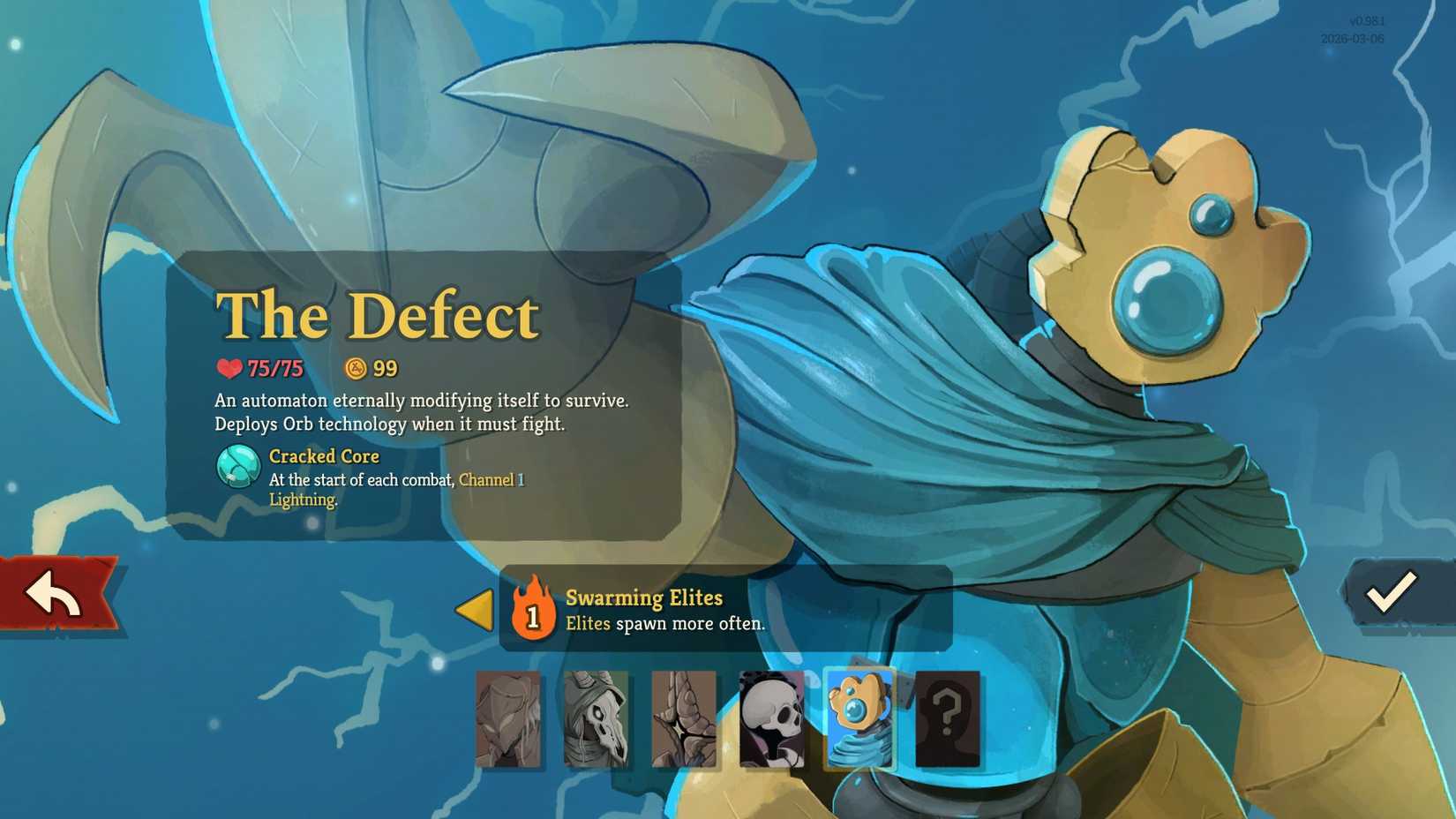 StS 2 The Defect character select screen