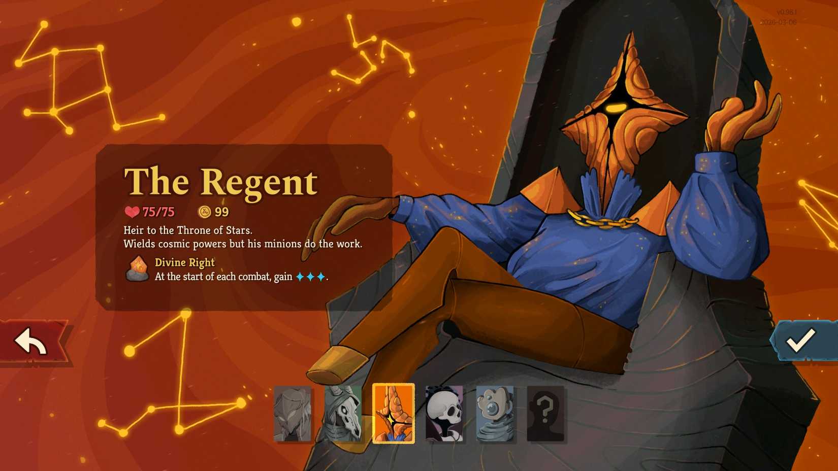 StS 2 The Regent character select screen