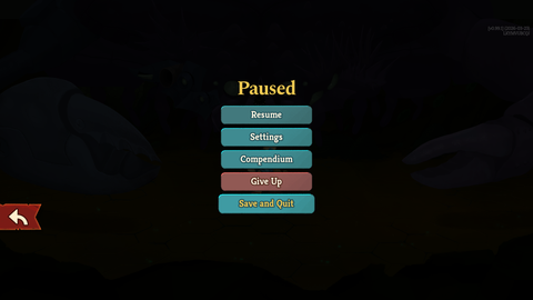 Shows a menu where you can save and quit a run. Other options: Resume, settings, compendium, and Give Up are available.