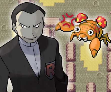 Pokemon FireRed and LeafGreen's Mt. Moon in the background, with an angry Paras and Giovanni in the foreground