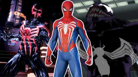 A collage of three perfect Spider-Man games: Shattered Dimensions, Ultimate Spider-Man, and Marvel's Spider-Man.