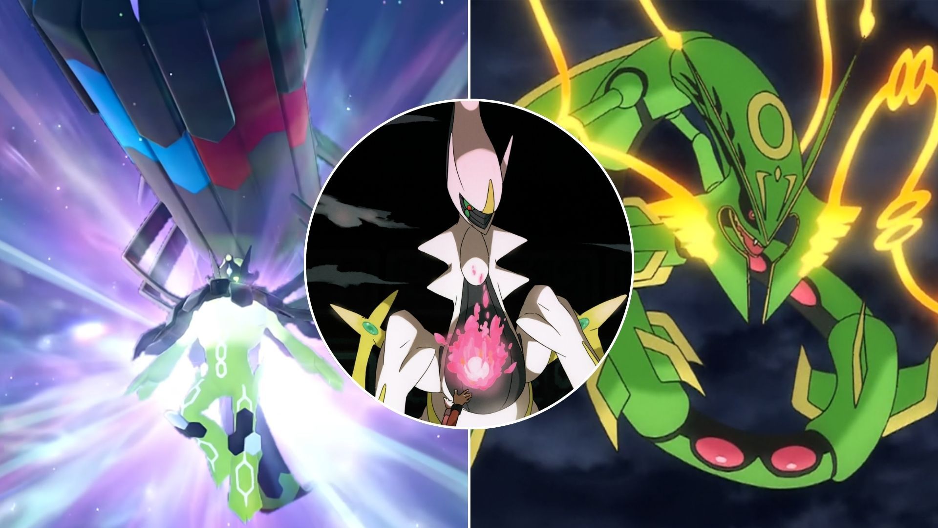 Ett collage av tre Pokémon som är starka enligt seriens lore: Mega Zygarde, Mega Rayquaza och Arceus.