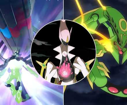 A collage of three Pokemon who are strong according to the series' lore: Mega Zygarde, Mega Rayquaza and Arceus.