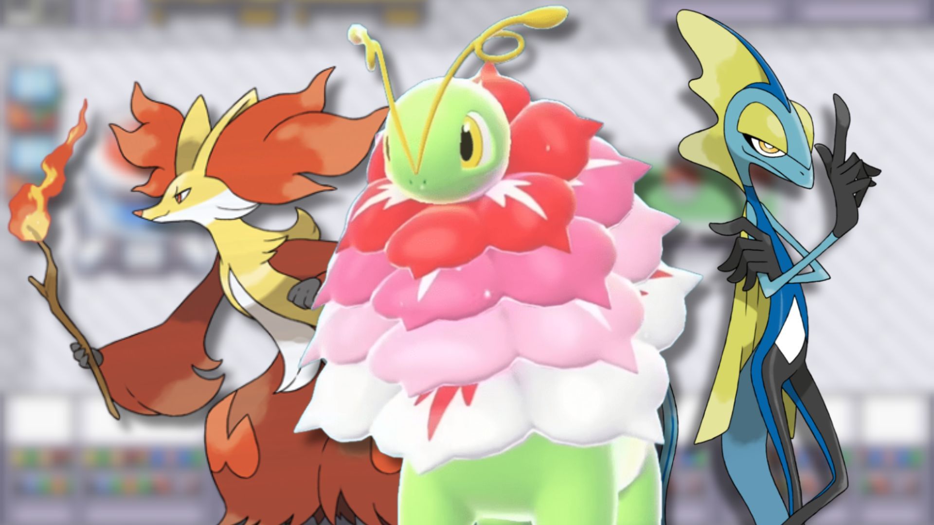 A collage of three weak Starter Pokemon: Delphox, (Mega) Meganium and Inteleon.