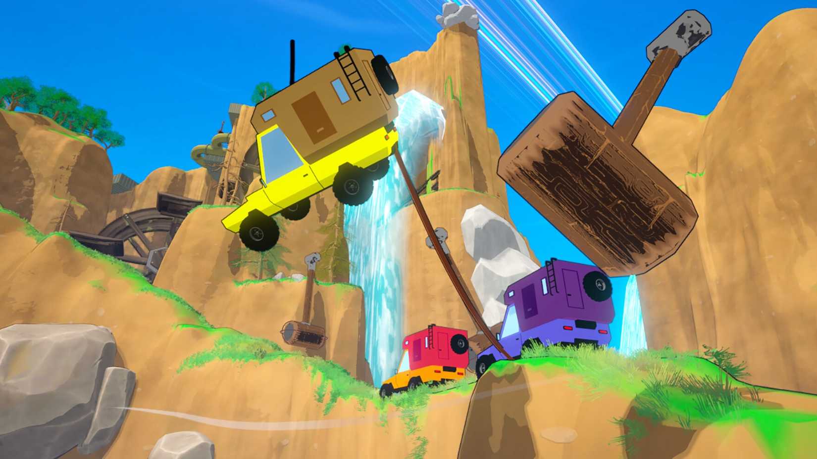 Car being whacked with giant hammer