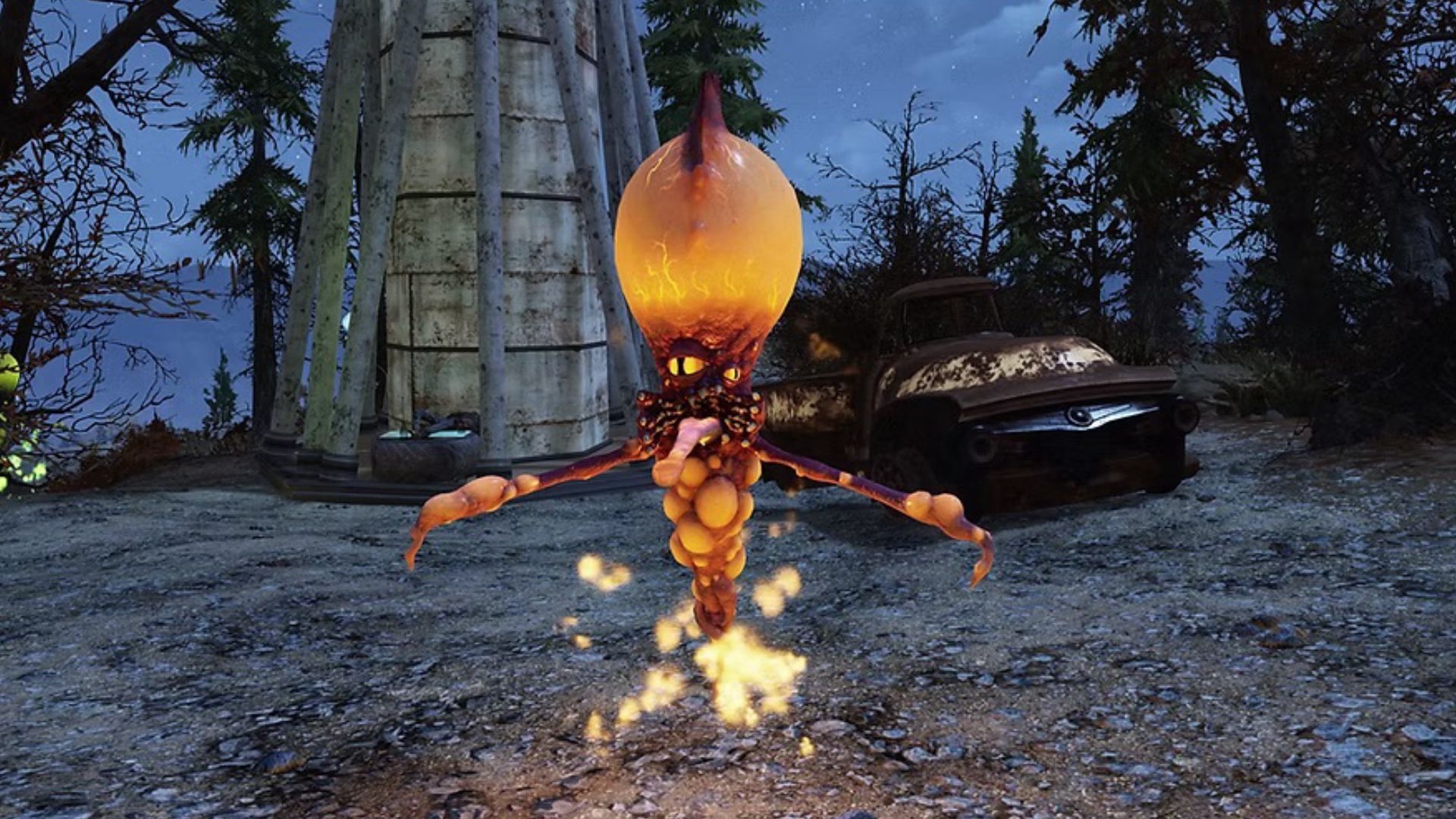 fallout 3 encountering a flamer type floater next to an old car
