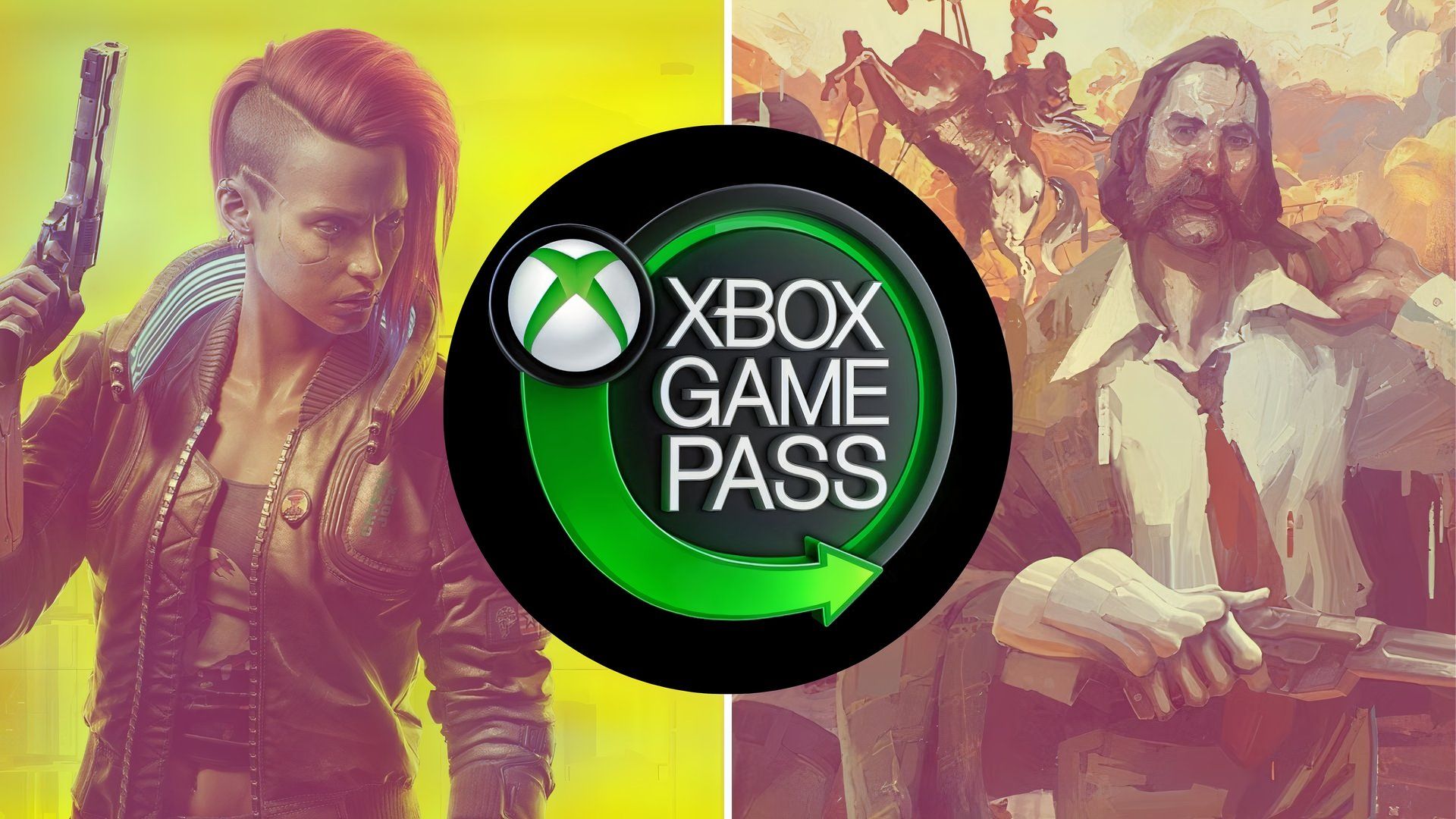 Cyberpunk 2077 and Disco Elysium game covers behind Xbox Game Pass logo