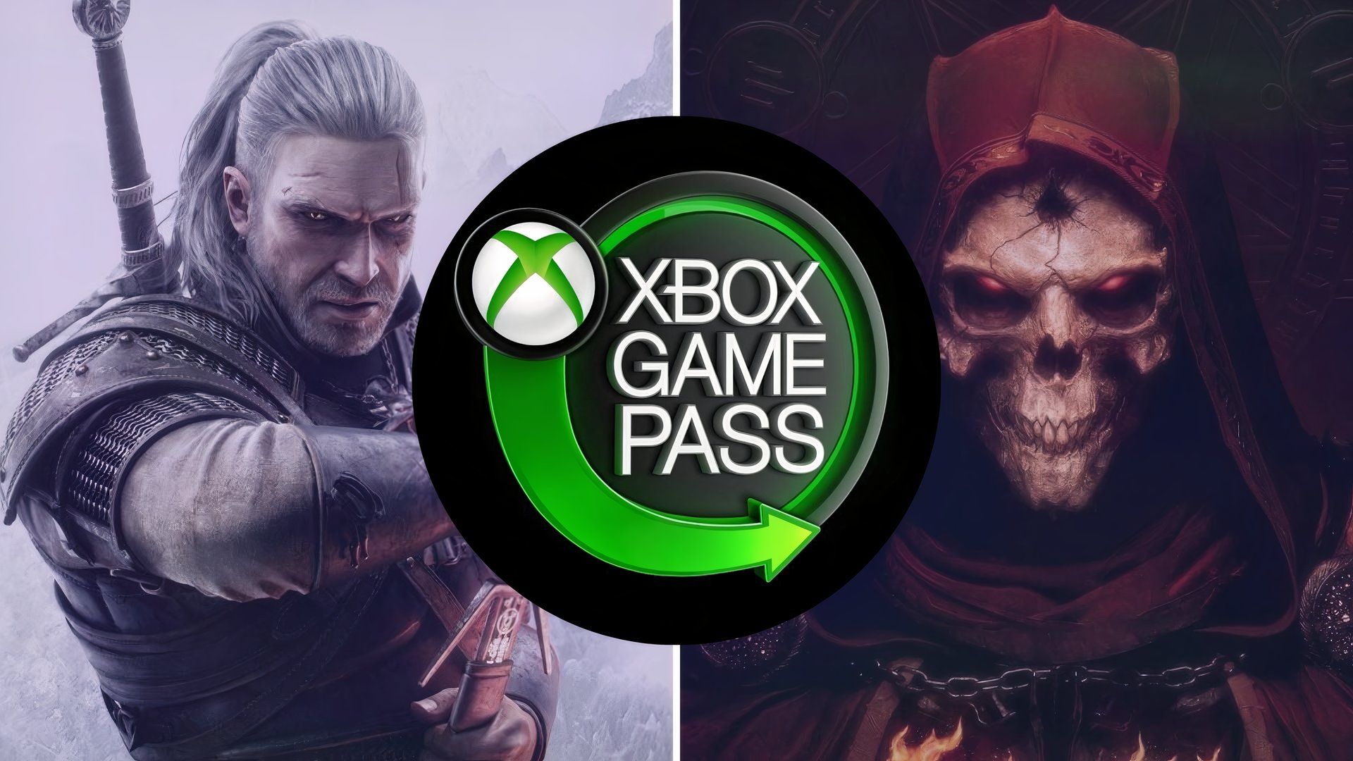 The Witcher 3 Wild Hunt and Diablo 2 Resurrected game covers behind Xbox Game Pass logo