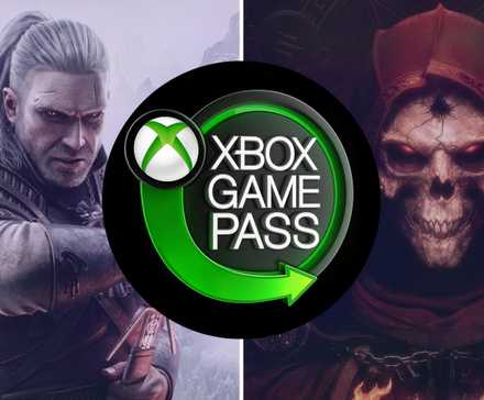 The Witcher 3 Wild Hunt and Diablo 2 Resurrected game covers behind Xbox Game Pass logo