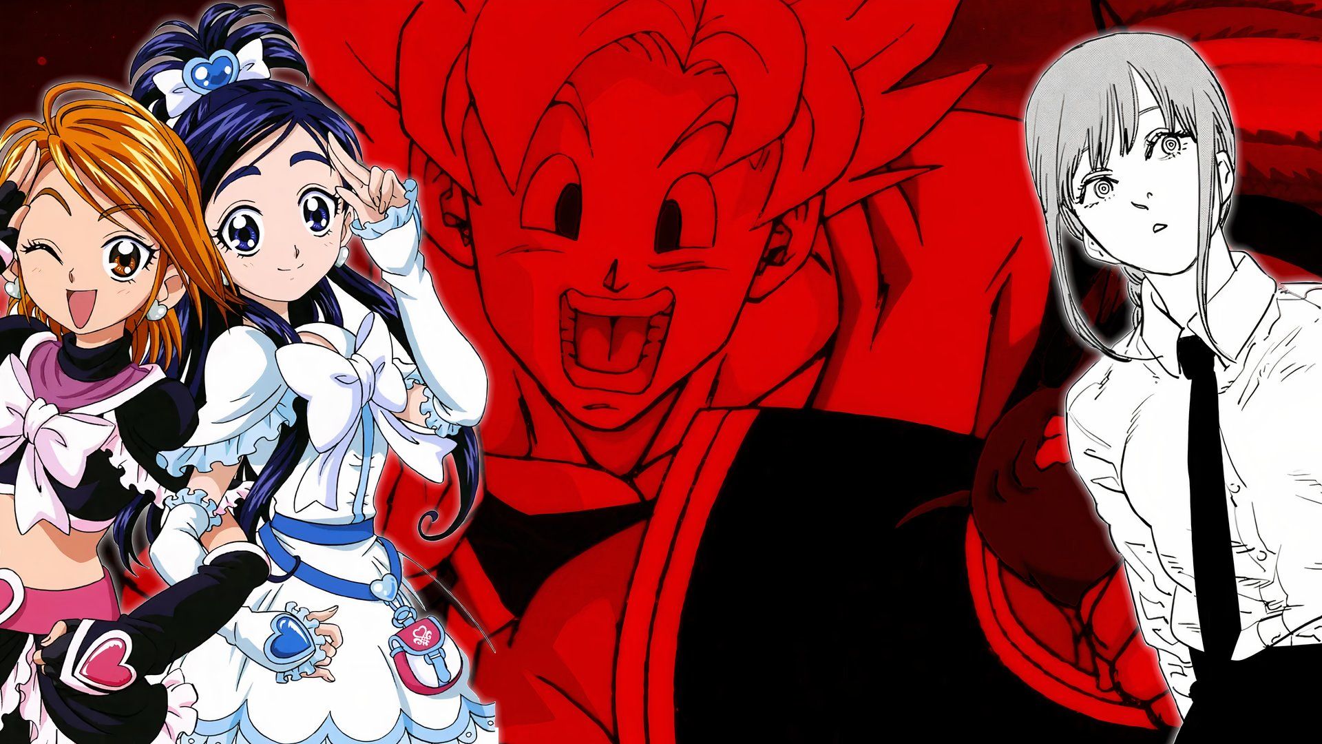picture: collage with ssj goku, cure black and cure white (precure) and makima (chainsaw man).