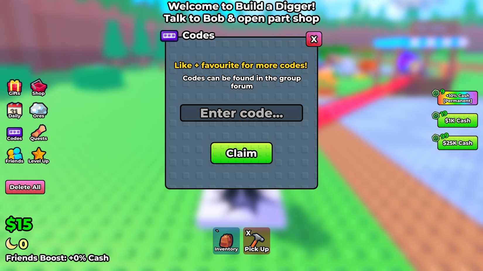 Build an Excavator - Codes tab