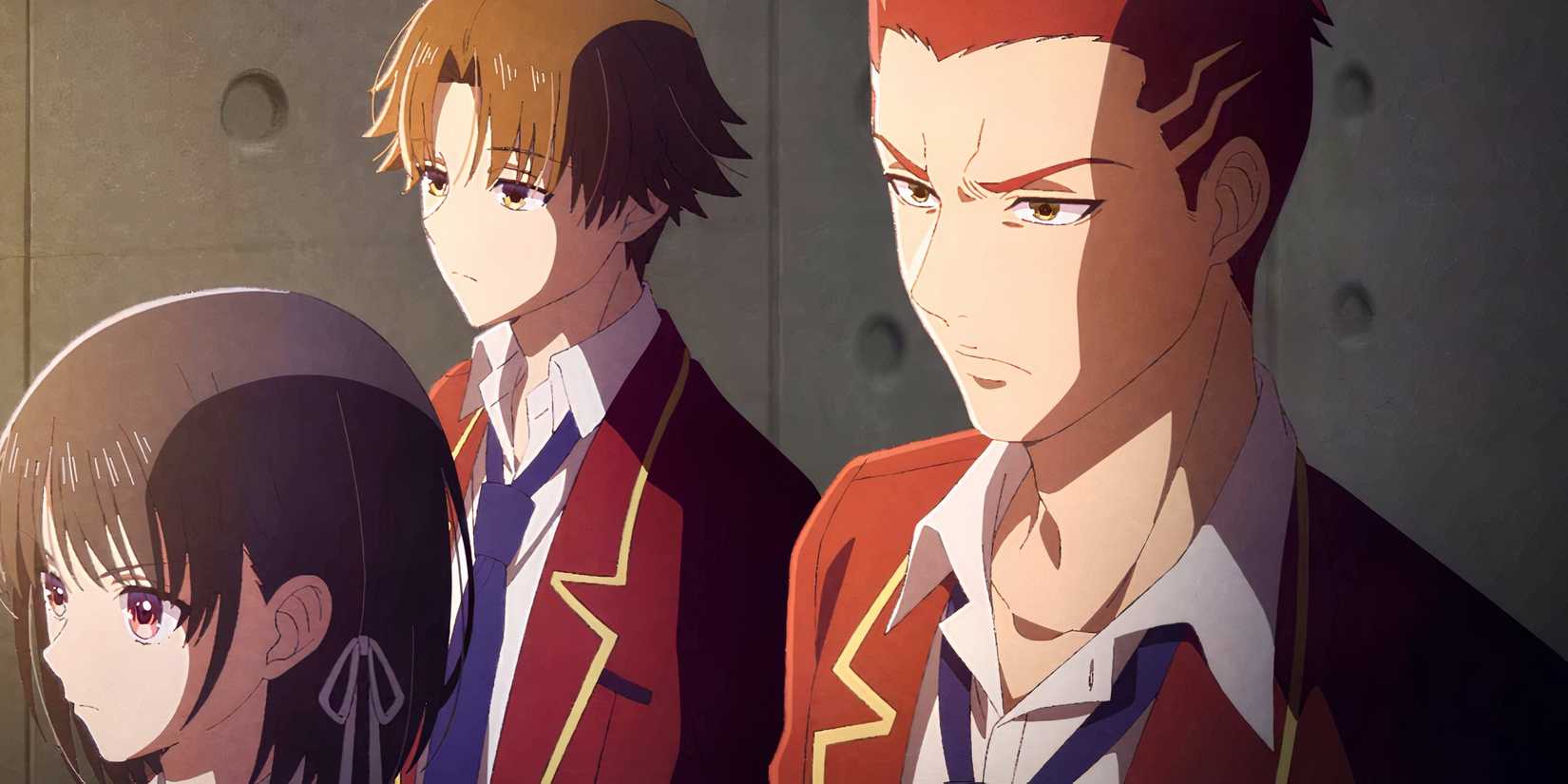 Pictured: Ayanokoji, Horikita and other characters in Elite Anime's classroom.