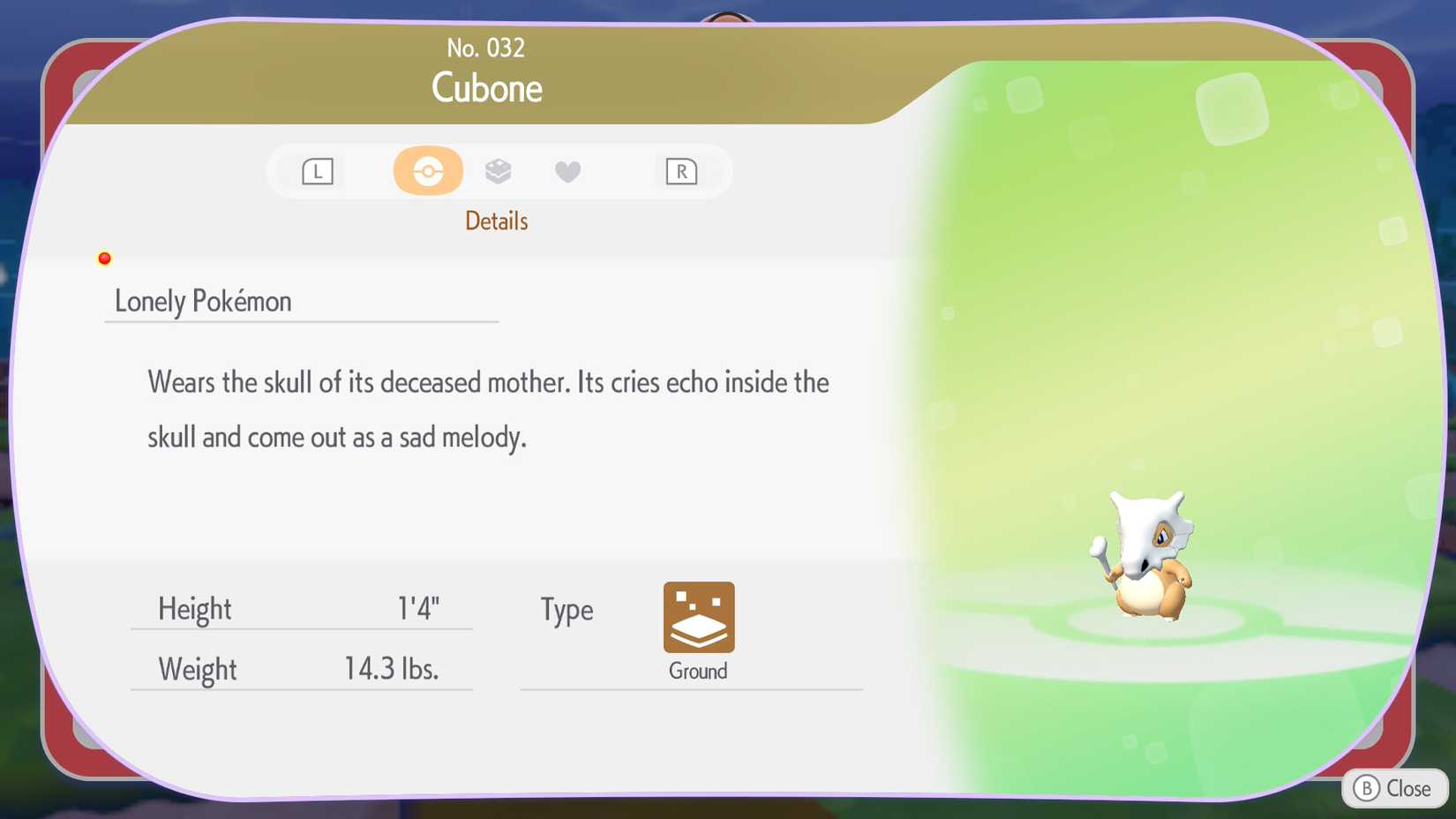 Cubone’s Pokedex entry in Pokemon Pokopia (2026)
