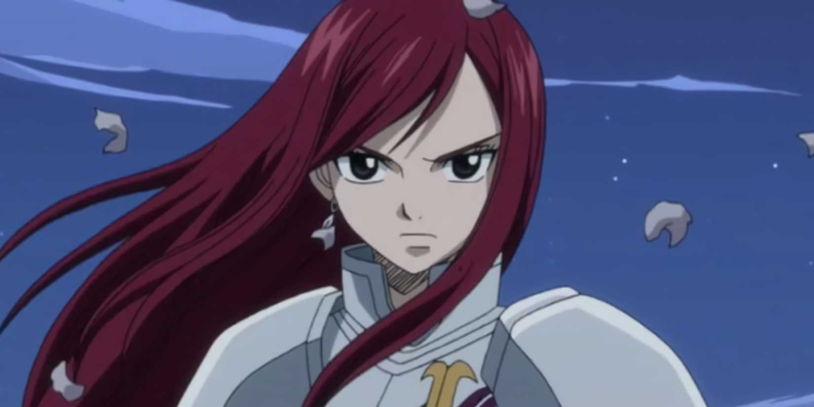 Erza standing victorious after defeating an opponent in Fairy Tail.