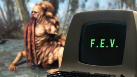 FEV written Fallout computer and a mutant in the background