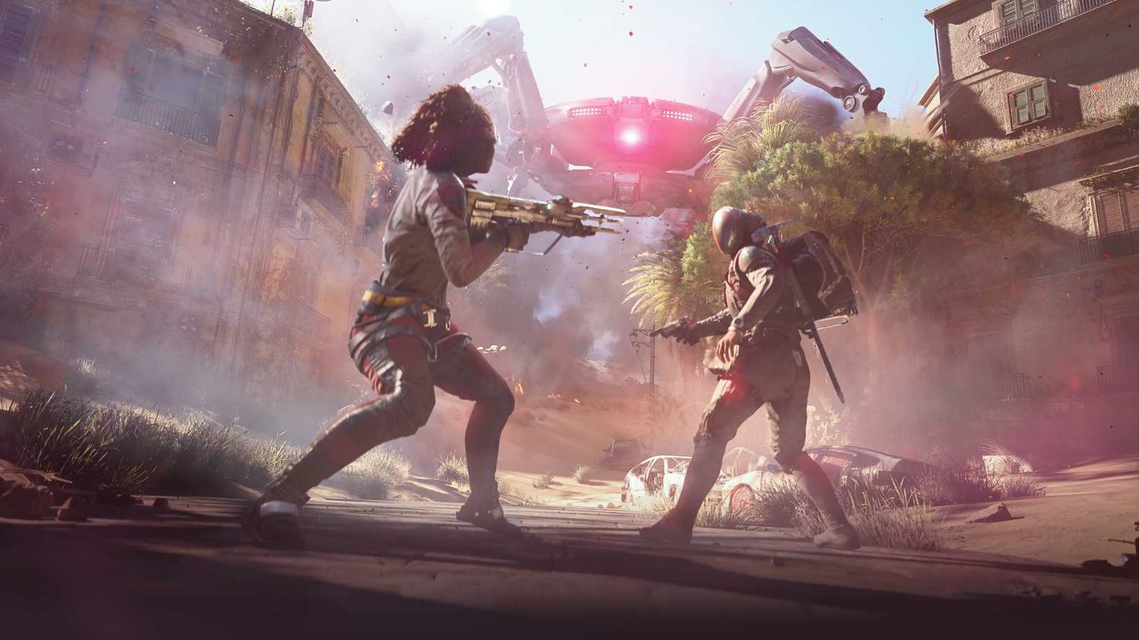 arc raiders players aiming at each other while a queen watches