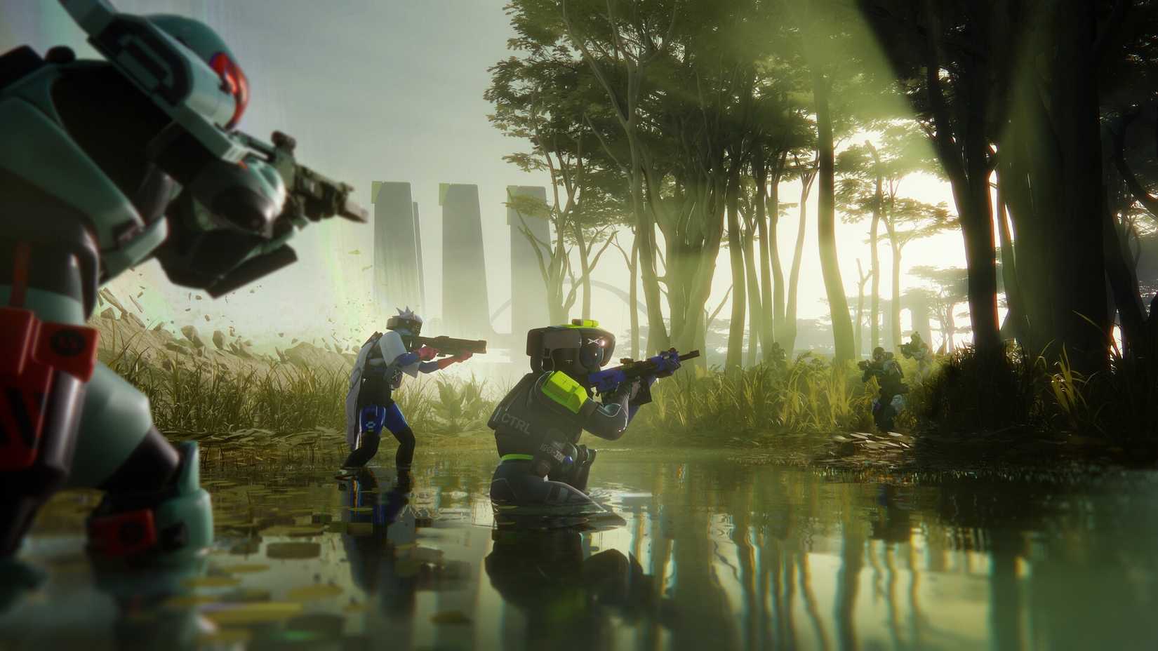 marathon character crouching in a swamp and aiming their weapons at enemies