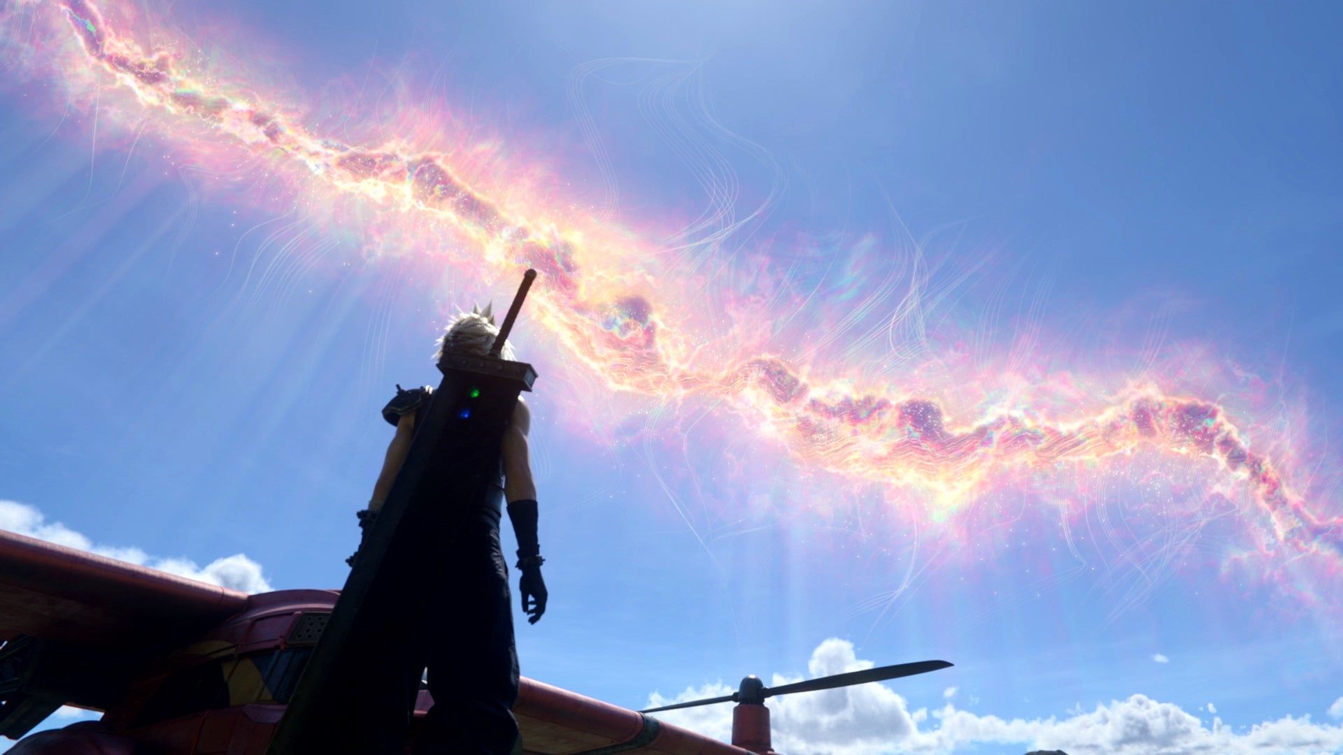 Cloud Looking up at the sky at the end of Final Fantasy 7 Rebirth